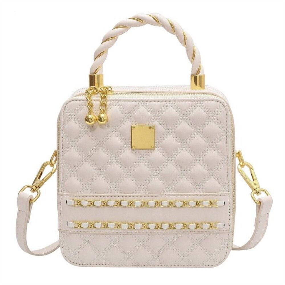 White Boxy Shape Quilted Accent Satchel Shoulder Handbag With Gold Trimming